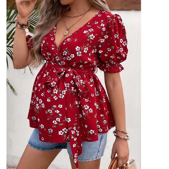 Maternity Floral Print Puff Sleeve Belted Blouse - Picture 1 of 8